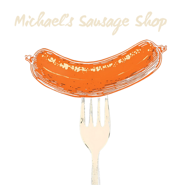 Illustration of a sausage on a fork with 'Michael's Sausage Shop' text above.