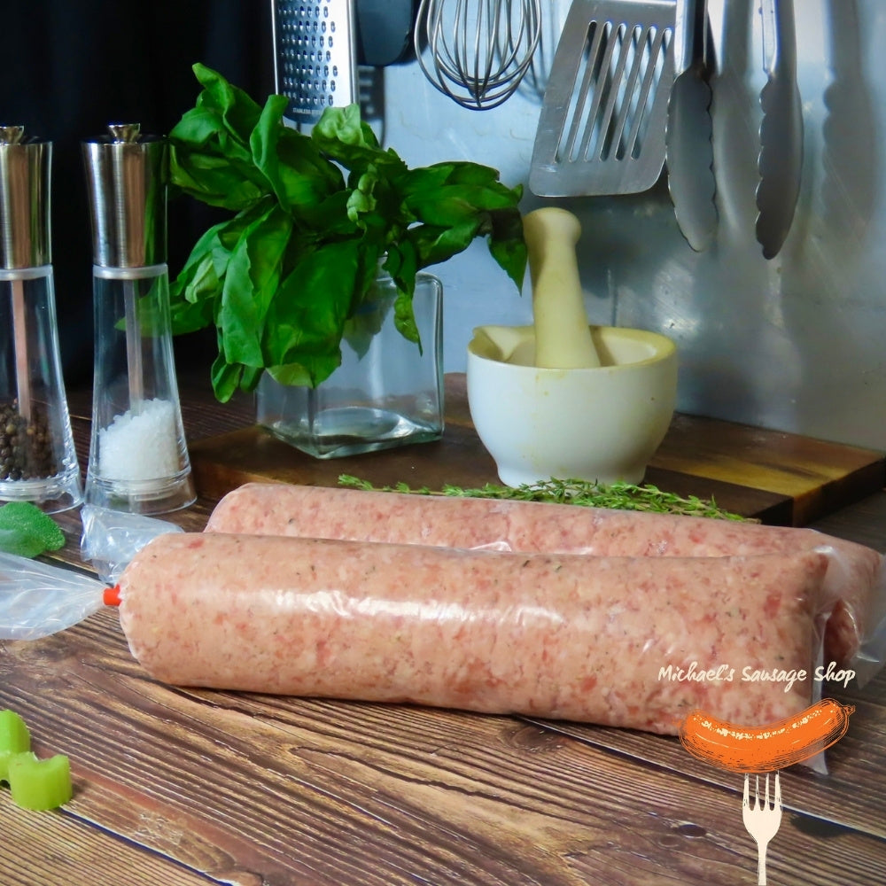 Rolled raw pork sausage meat by Michael's Sausage Shop.